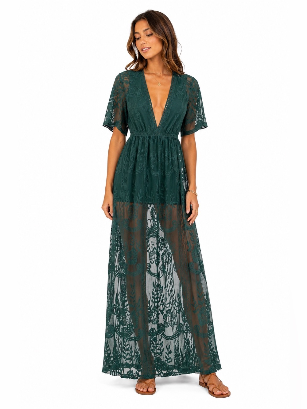 Haute Monde Green Lace Maxi Romper Overlay Deep V Boho Festival Resort Wear Sz S